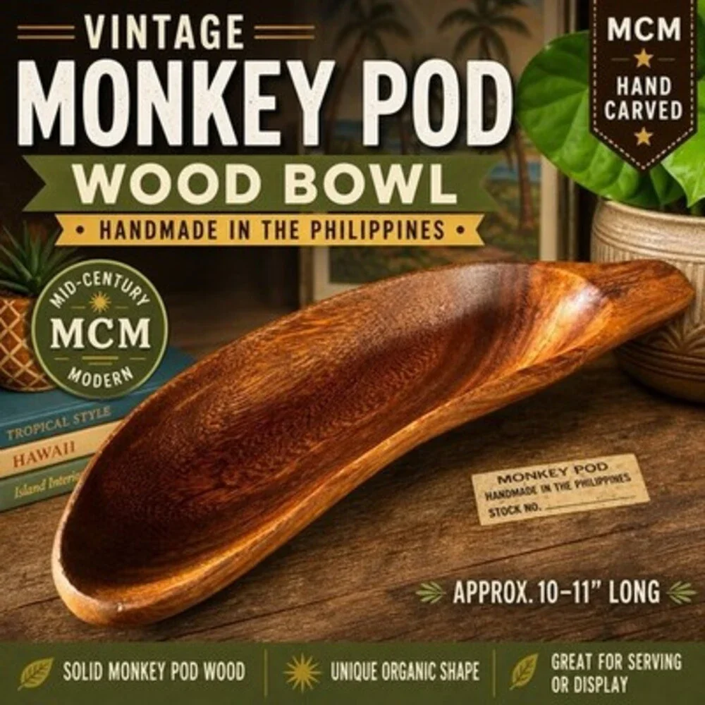 Vintage Monkey Pod Wood Bowl Philippines MCM Carved Serving Dish 10”